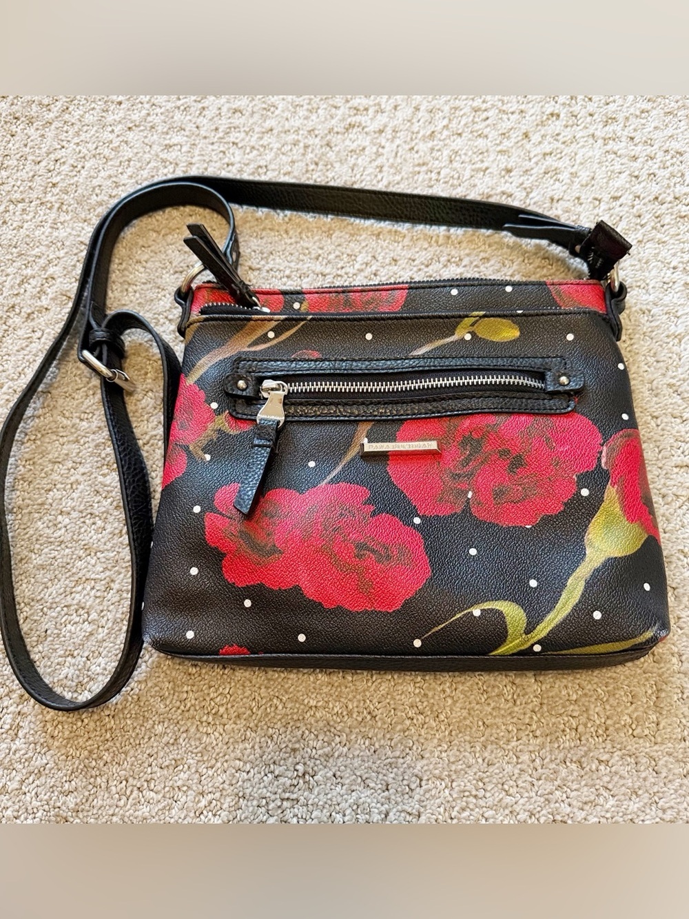 Dana Buchman Crossbody Bag Red Floral White Polka Dot Black Faux Leather